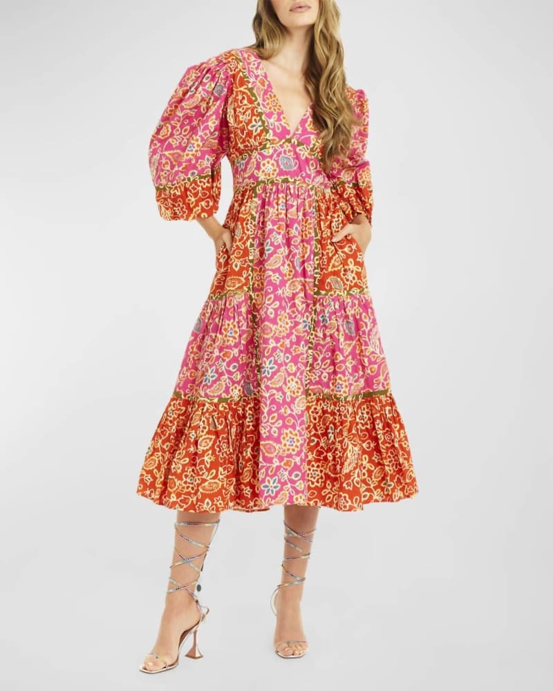 Front of a model wearing a size L Elise Puff Sleeves Midi Dress in Alessandra Pink Print in Alessandra Pink Print by LOVE THE LABEL. | dia_product_style_image_id:335489